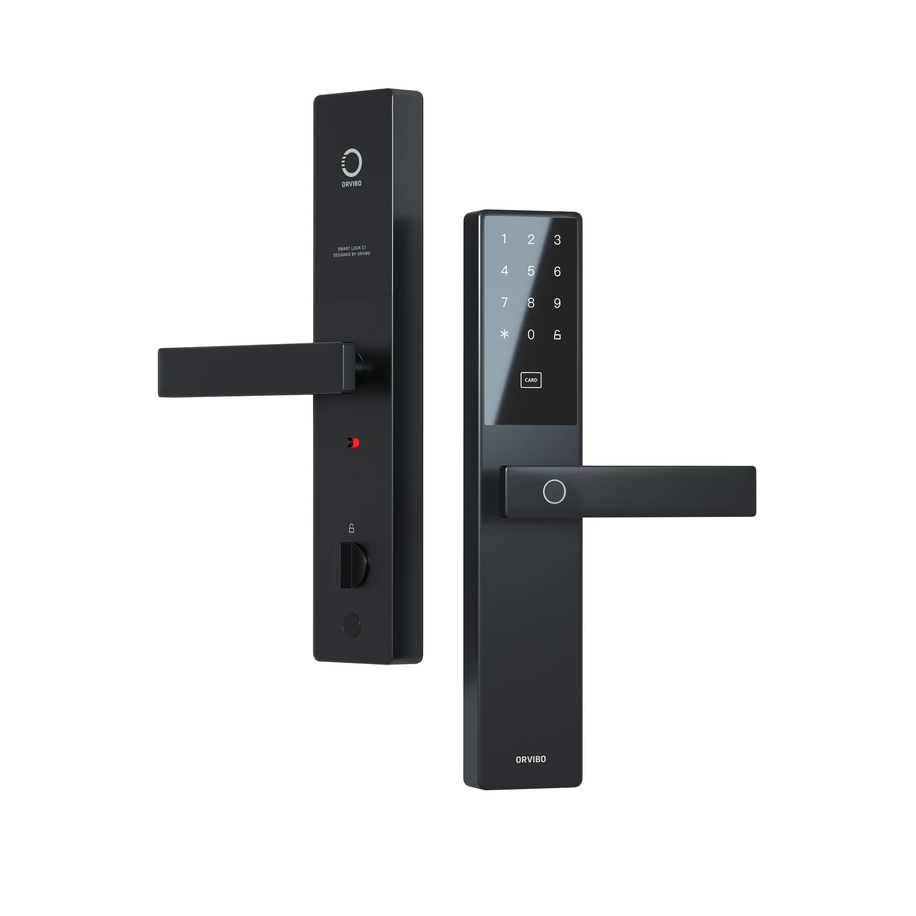 Front and interior panels of the C1 smart lock, showing its keypad, fingerprint reader and handles